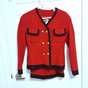 Vintage Biba Wool Suit Red Jacket and Skirt with Gold Buttons from early 1990s